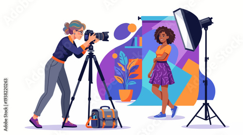 Professional photography session with model and photographer.