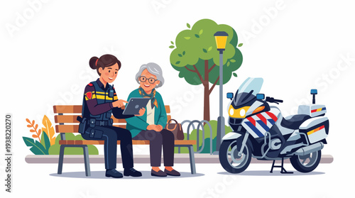 Police officer assisting elderly woman on park bench.