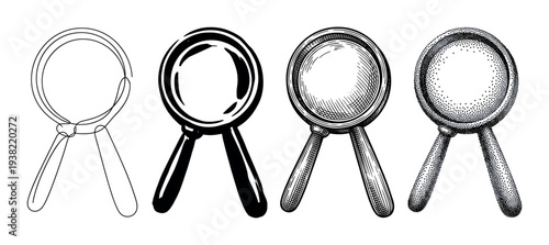 Four different styles of magnifying glass illustrations depicting various artistic techniques for visual search concepts.