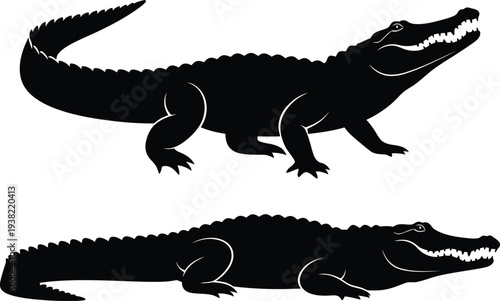 Crocodile silhouette vector set with standing and resting poses, dangerous reptile predator illustration isolated for wildlife design, logo, tattoo, mascot and safari graphics