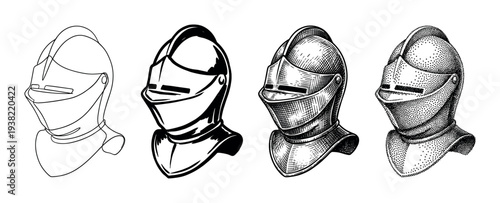 Historical medieval knight helmets, ancient protective headgear, are illustrated with diverse artistic techniques including line art and stippling.