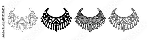 Four ancient tribal necklaces with intricate patterns showcasing diverse artistic styles and cultural heritage.