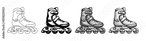 Four inline roller skates depicted in various artistic styles, showcasing different black and white illustration techniques.