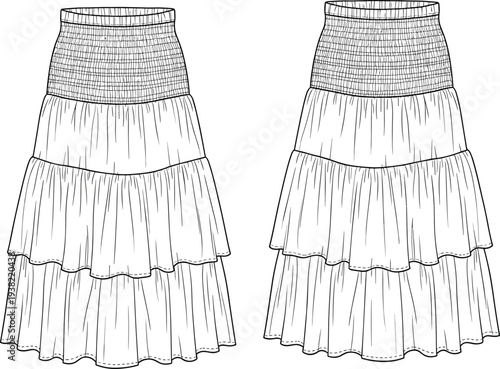 Women tiered ruffle skirt technical drawing, elastic high waist midi skirt template, front back view fashion vector outline
