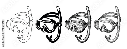 Diving mask and snorkel set presented in multiple graphic styles, ideal for illustrating summer vacation and water sports.