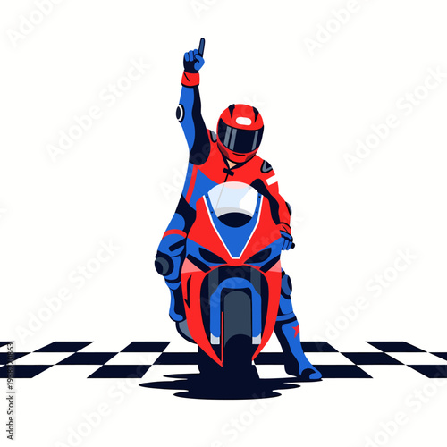 Racer raising finger in victory while crossing the checkered flag