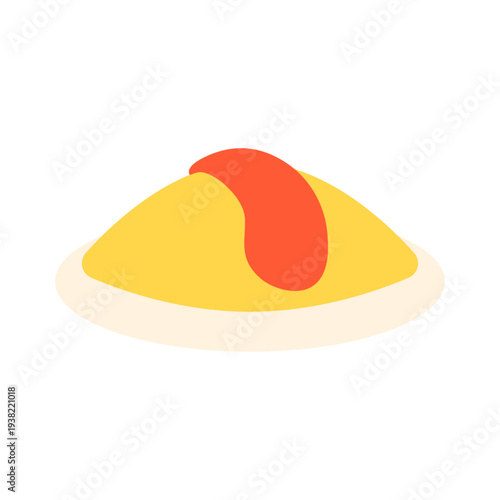 オムライスイラスト ケチャップがかかったシンプルなフラットデザインの洋食アイコン 食べ物ベクター素材 / Omurice omelet rice with ketchup simple flat food icon vector
