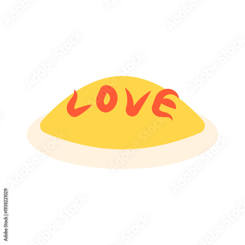オムライスイラスト ケチャップでLOVEと書かれたかわいい洋食フードアイコン シンプルフラットベクター素材 / Omurice with ketchup love text cute omelet rice food icon vector
