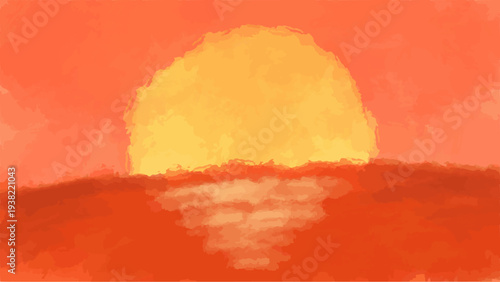日の出イラスト オレンジ色の海から昇る太陽の水彩風サンライズ背景 温かみのある自然風景ベクター素材 / Orange sunrise over ocean watercolor style sun horizon landscape vector
