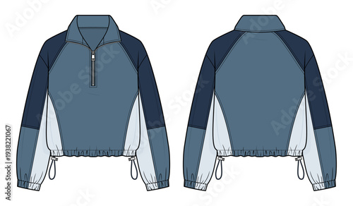 Windbreaker technical fashion illustration. half-zip pullover vector template illustration. front and back view. navy and sky blue color-block. adjustable drawstring hem. unisex. CAD mockup.