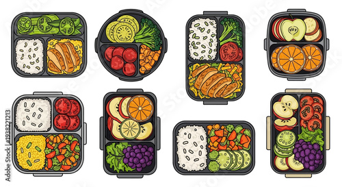 Variety of food in lunch boxes.