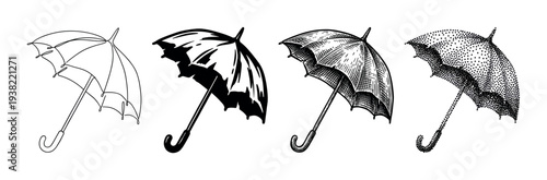 Four distinct artistic styles of umbrellas are presented in a monochrome collection, showcasing various illustration techniques.