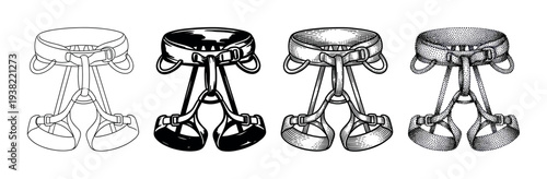 Climbing harnesses vector illustration set showcasing different styles of safety gear for outdoor adventure activities.