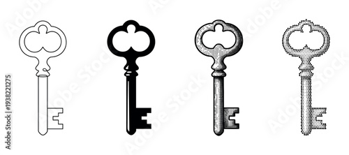 Four antique skeleton keys presented in various graphic styles, offering a versatile collection of vintage design elements for diverse projects.