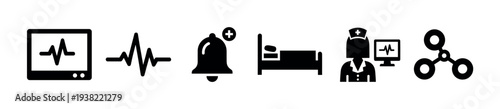 Medical healthcare icons set representing hospital services, patient care, and vital signs monitoring.