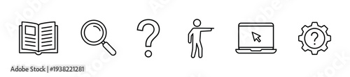 Information search and support concept outline icons representing various aspects of help, inquiry, and problem-solving in a digital and educational context.