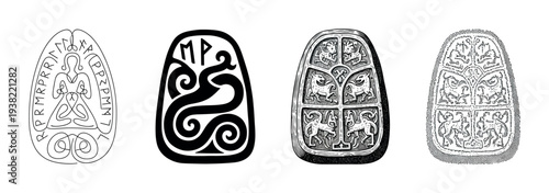 Ancient historical carvings feature intricate mythological symbols and patterns depicting various ancient cultural traditions.