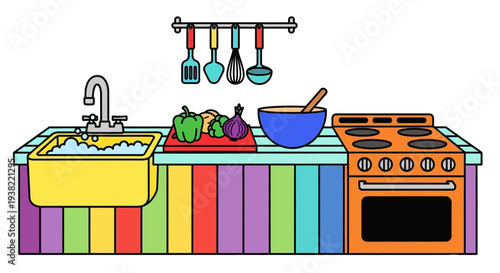Colorful Kitchen Counter and Sink Area.