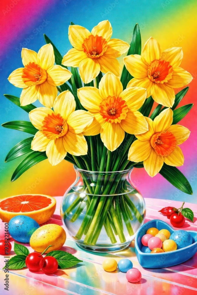 Fototapeta premium Vibrant daffodils in glass vase.