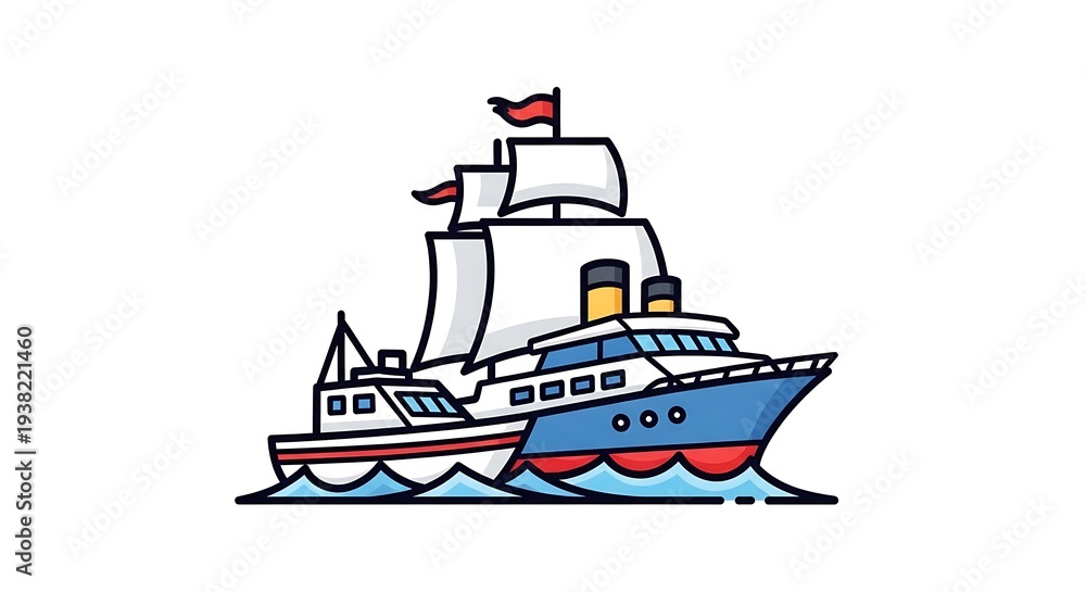Naklejka premium A cartoon illustration of a passenger ship and a sailboat, both floating on waves against a white backdrop