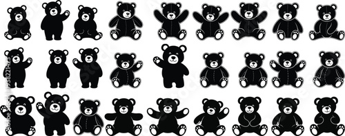 A collection of 20 black bear illustrations in various poses on a white background