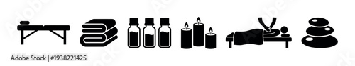 Spa and massage wellness icons representing relaxation and therapy elements for health and beauty services.