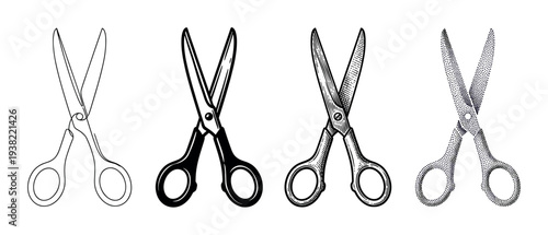 These open scissors are depicted in four distinct graphic styles, from continuous line art to stippling.