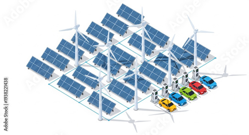 Renewable Energy Station with Solar Panels Wind Turbines and Electric Cars.