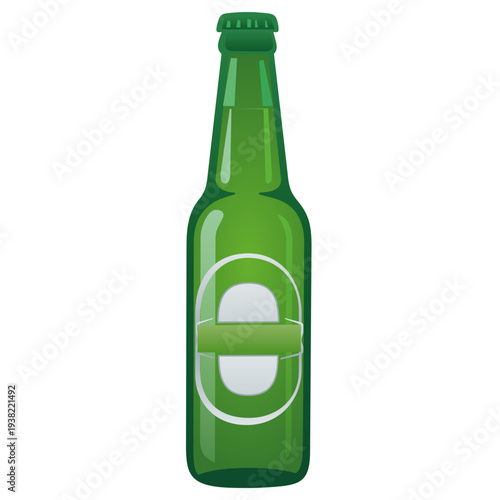 Green Glass Bottle with Blank Label, Premium Beer Packaging Vector. A sleek vector graphic of a green beer bottle featuring a blank white label for custom text. 