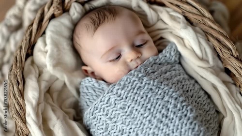 Serene Slumber: A peaceful infant rests soundly, nestled within a woven basket, wrapped in a soft blanket. The image encapsulates the tranquility of infancy.