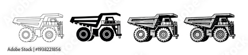 Four different styles of heavy duty dump trucks are presented in a black and white vector illustration set for industrial design.