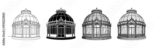 Four elegant Victorian glass greenhouses are depicted in various artistic styles, including outline, silhouette, hatching, and stippling.