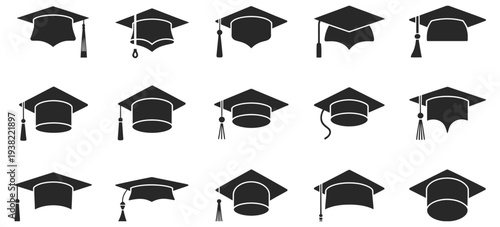 black graduation cap icon set featuring various academic mortarboard designs, for university degree completion education success school commencement and student achievement, decorative emblem for rank