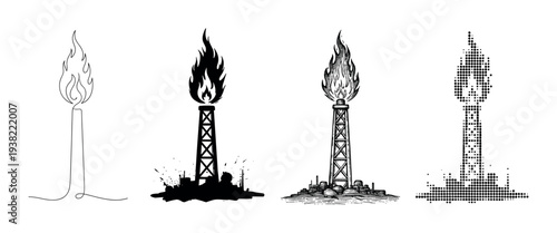Four distinct industrial gas flare stack illustrations in diverse artistic styles representing energy production.