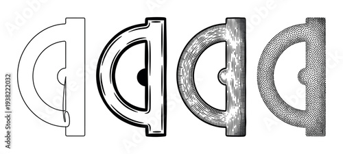 Four stylized decorative handles presented with different vintage engraving, stippling, and outline art styles.