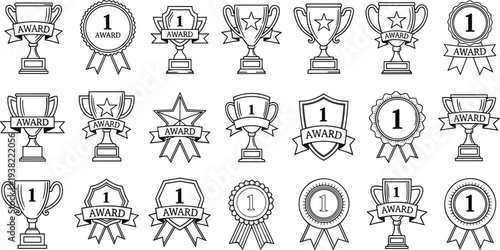 Collection of various award trophies and ribbons with the number one