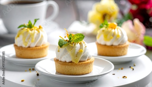 Three mini tarts with cream and garnish on white plates, coffee cup and flowers in the background