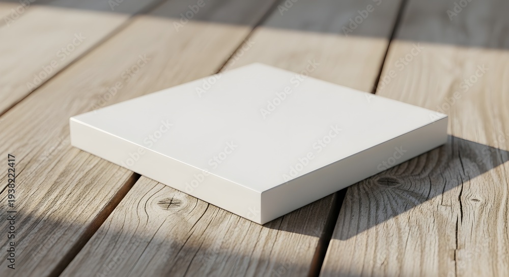 Fototapeta premium White square box on wooden deck, empty blank mockup, sunlight shadow