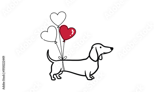 Dachshund dog with heart balloons, cute illustration for Valentine's Day