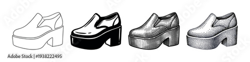 Retro platform shoes are illustrated in four distinct black and white styles, including outline, solid, hatched, and stippled for fashion design.