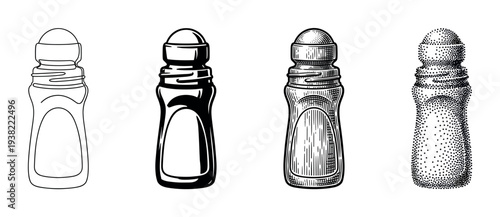 Roll-on deodorant bottle illustrations showcasing different artistic techniques including line art, solid, engraved, and stipple styles.