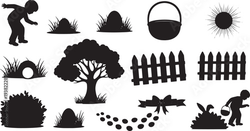 Easter Egg Hunt Outdoor Scene Silhouettes  Vector Illustration