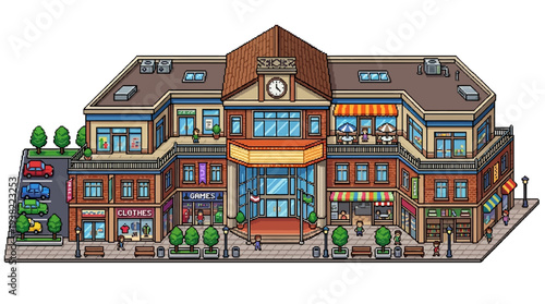 Detailed Isometric View of a Bustling Commercial Building Facade.