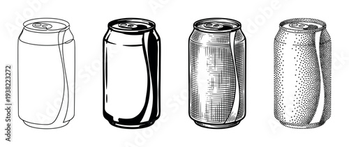 Four different illustrated beverage cans are depicted in various artistic styles including line art, solid graphic, engraving, and stipple.