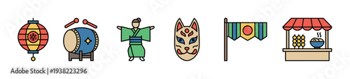 Japanese cultural icons collection featuring traditional symbols like a lantern, drum, kimono, mask, flag, and food stall.