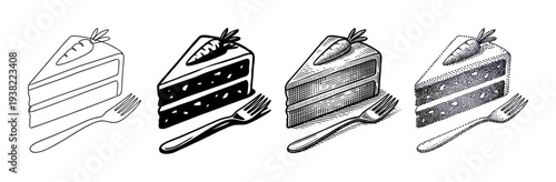 Carrot cake slice and fork vector illustration set showcasing different artistic styles for bakery menus.