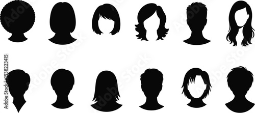 Collection of diverse human head silhouettes and hairstyles, male and female avatar icons for social media profiles, barber shop and hair salon vector designs