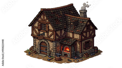 Medieval Blacksmith Forge Building Isometric View.