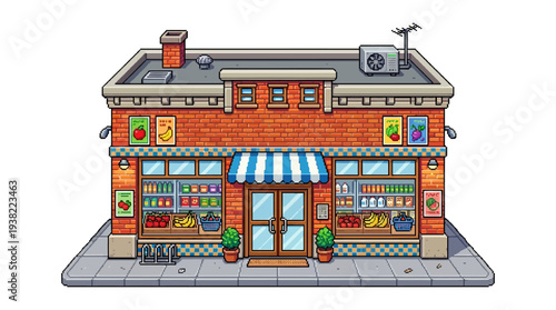 Pixel Art Grocery Store Building Exterior View.