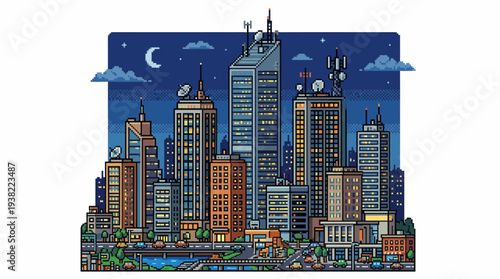 Modern Cityscape at Night with Tall Buildings and Lights.